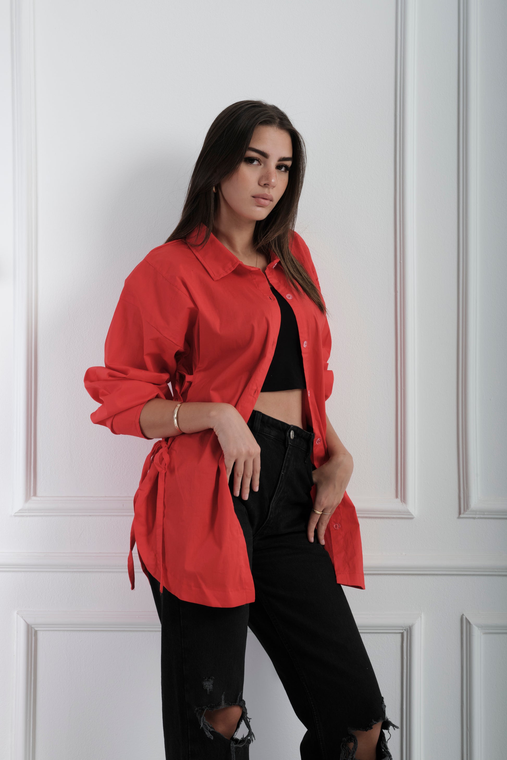 Side Ties Shirt-red