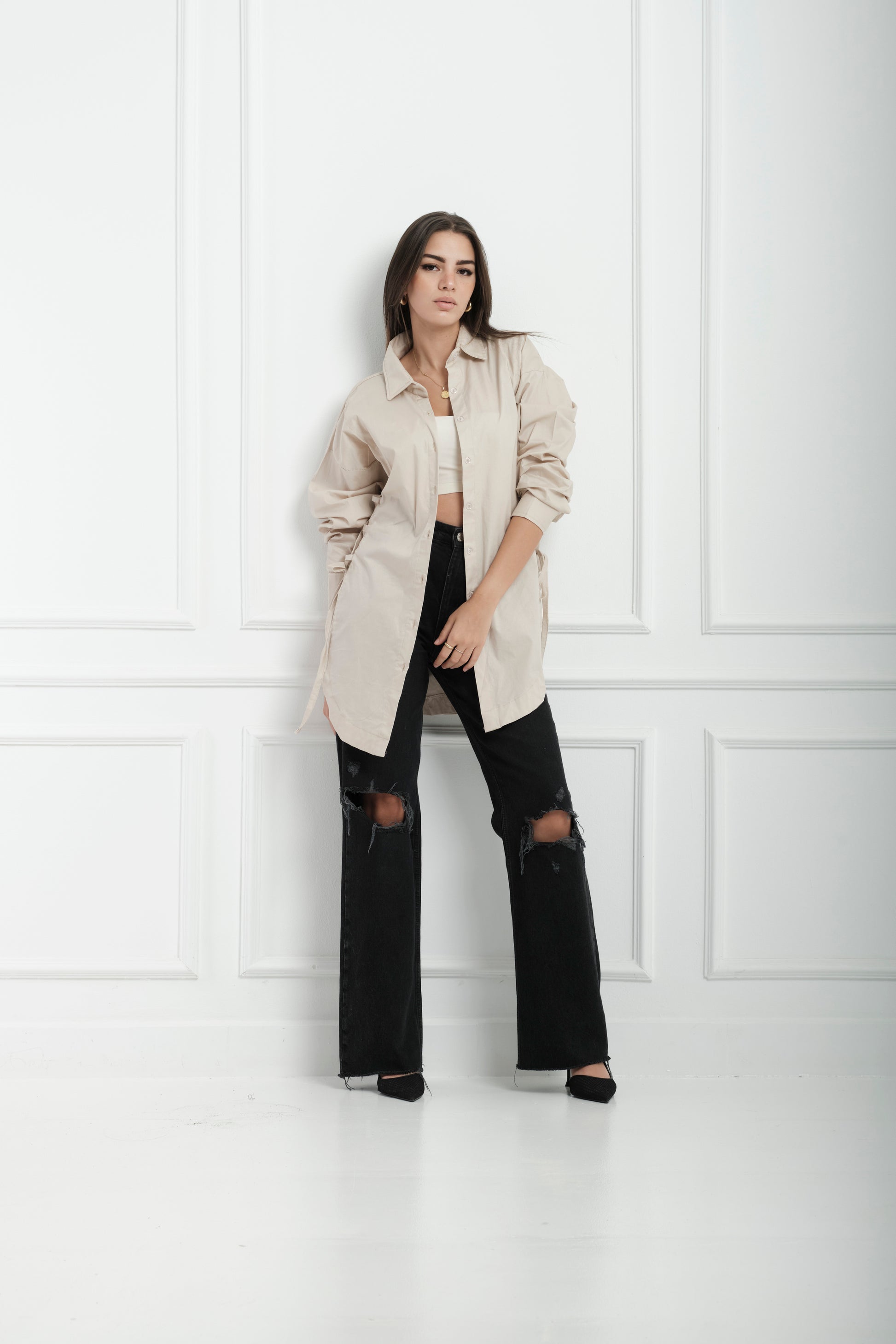 Side Ties Shirt-beige