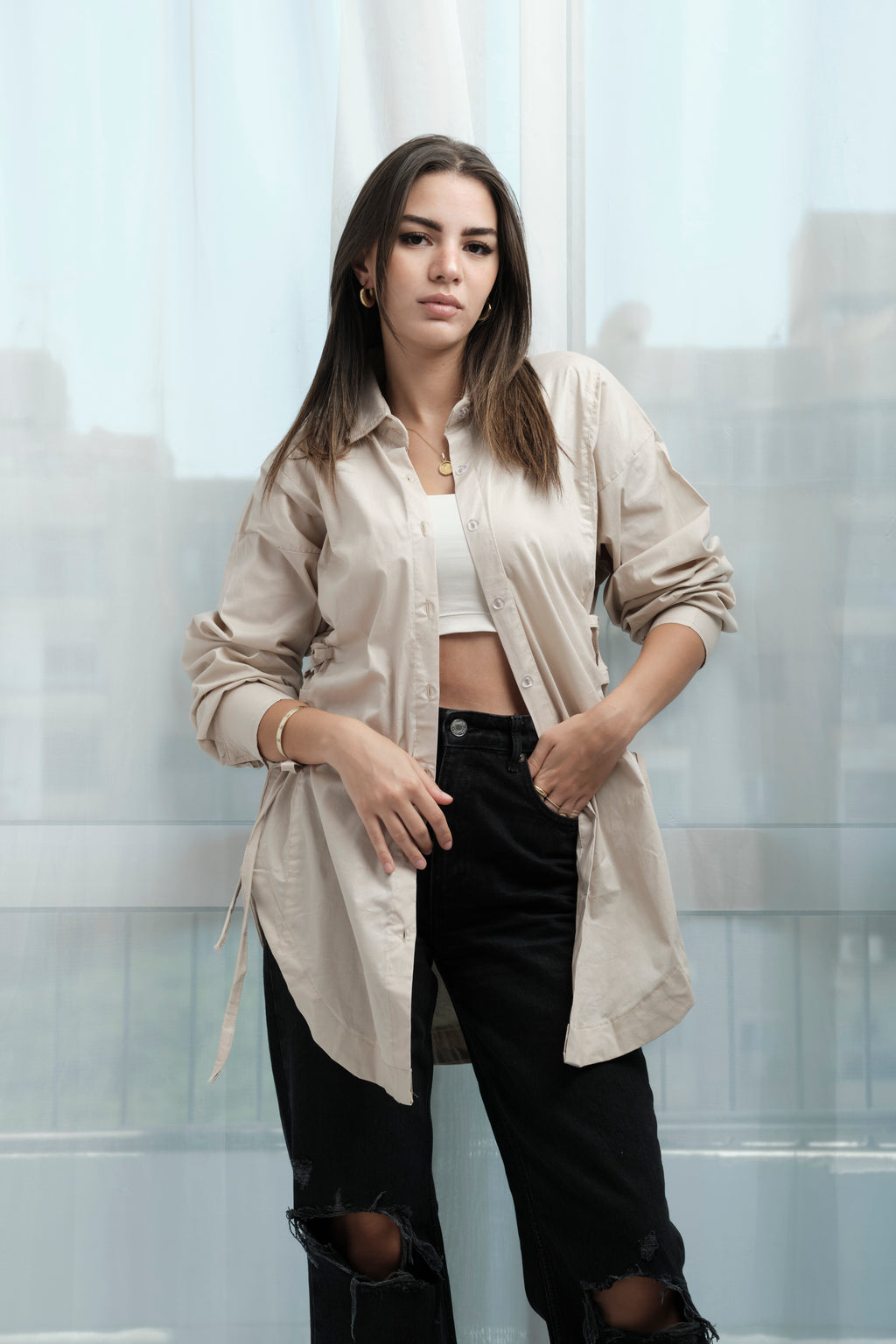 Side Ties Shirt-beige