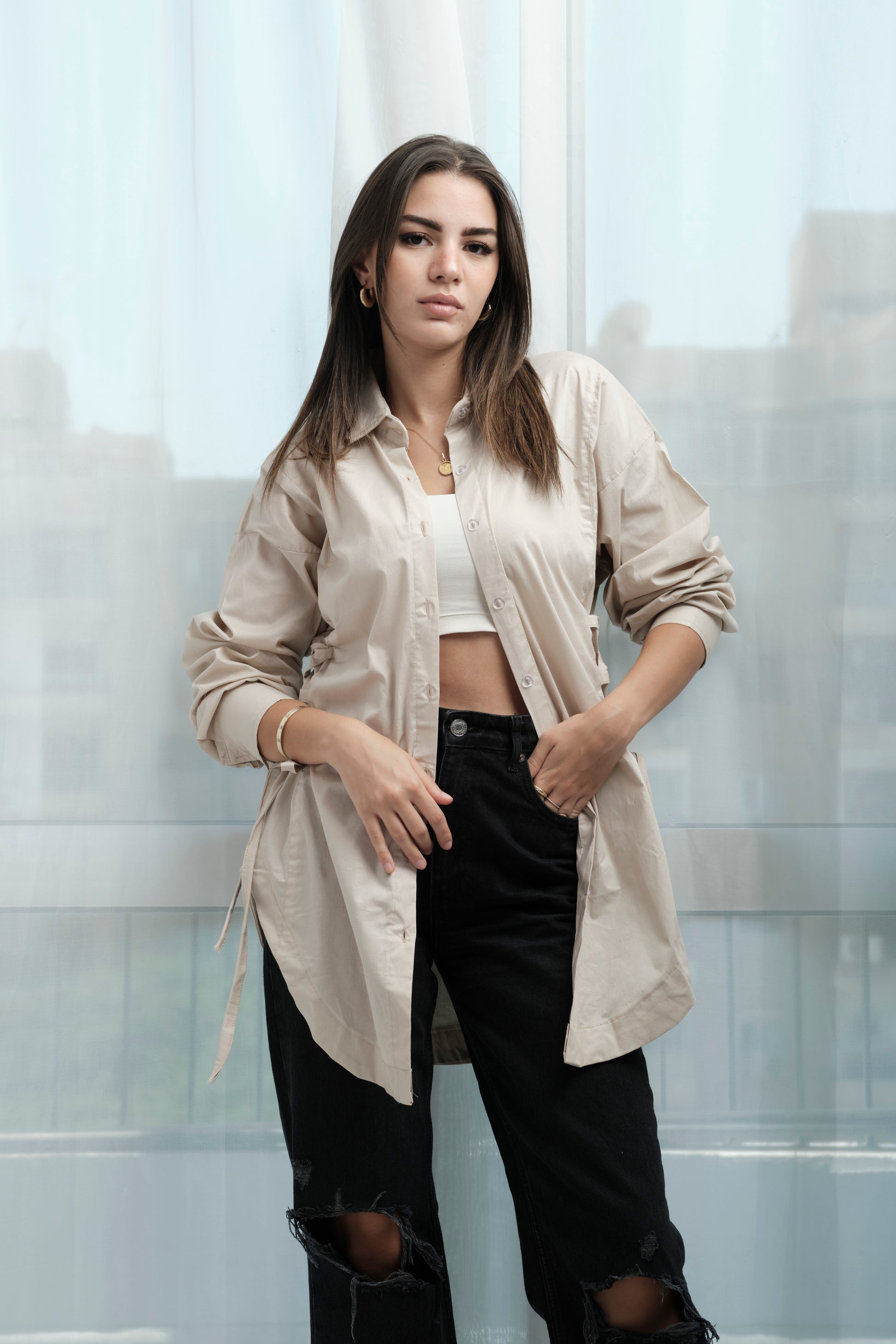 Side Ties Shirt-beige